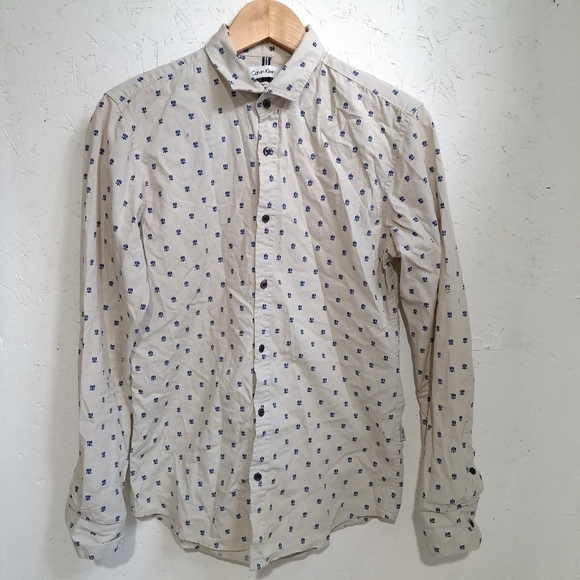 Calvin Klein | Beige & blue patterned men's button up dress shirt slim fit - Picture 1 of 9